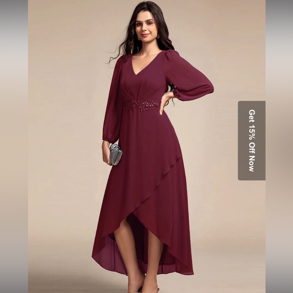 Long Lantern Sleeves Waist Applique Chiffon Formal Evening Dress